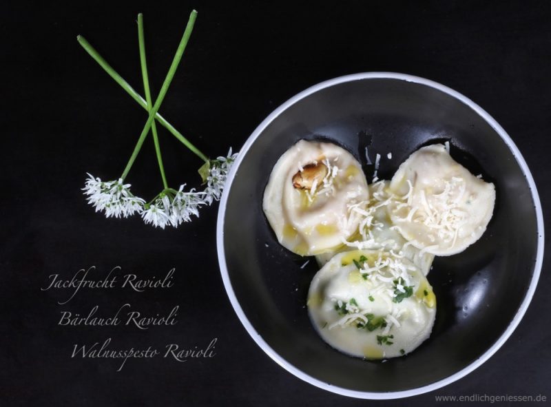 Jackfruit-Ravioli, Bärlauch-Ravioli & Walnußpesto-Ravioli